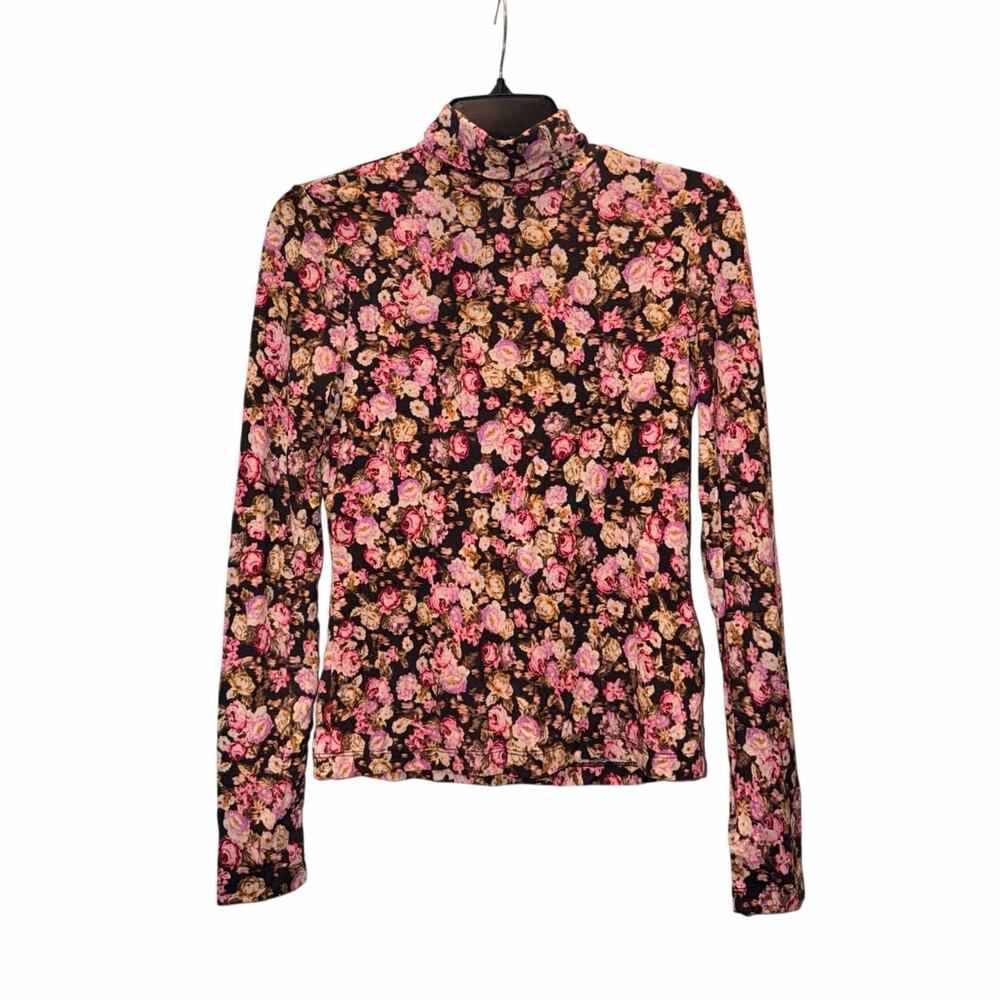 H&M Women’s Small Black Pink Floral Turtleneck Long Sleeve Top Cottagecore
